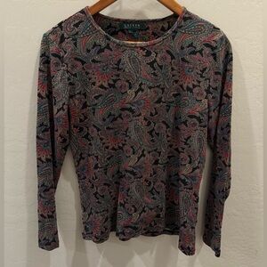Lauren Ralph Lauren Colorful Paisley Cotton Long Sleeve Top — Size L
